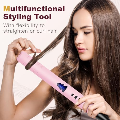 1 Inch Hair Straightener, Flat Iron Straightener & Curler 2 in 1, Rapid 15-Second Heat-Up Titanium Ceramic Ionic Dual Voltage Straightener for Less Frizz, Shines and Smooth, Styling Tools (Pink)