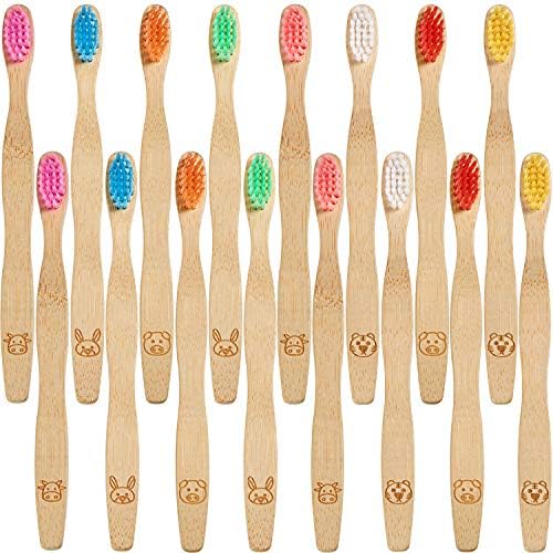 16 Pcs Kids Bamboo Toothbrush Soft Bristle Natural Toothbrush Wooden for Kids with Colorful Bristles and Ergonomic Animal Designs Handles