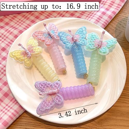 10Pcs Embroidered Butterfly Headband Spiral Hair Ties No Damage,Colorful Butterfly Telephone Wire Hair Bands for Kid Cute Butterfly Ponytail Holders Headbands Telephone Cord Hair Ties Hair Accessories