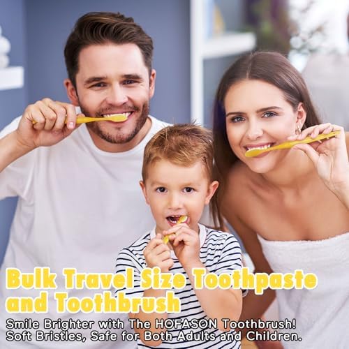 HOFASON Disposable Toothbrushes with Toothpaste Pack of 200, Yellow Hollow Travel Toothbrush Set with 5g Toothpaste Individually Wrapped Toothpaste Bulk for Homeless, Nursing Home, Shelter, Hotel