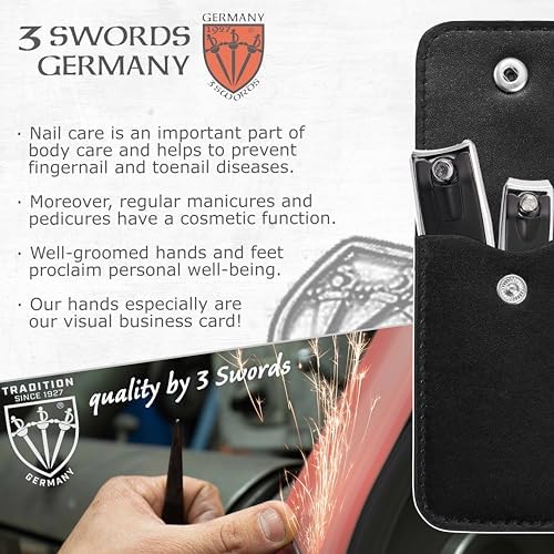 3 Swords Germany – Brand Quality fingernail & toenail Clipper, Manicure, Pedicure Nail Care by with Metal Nail File and case, Black Edition