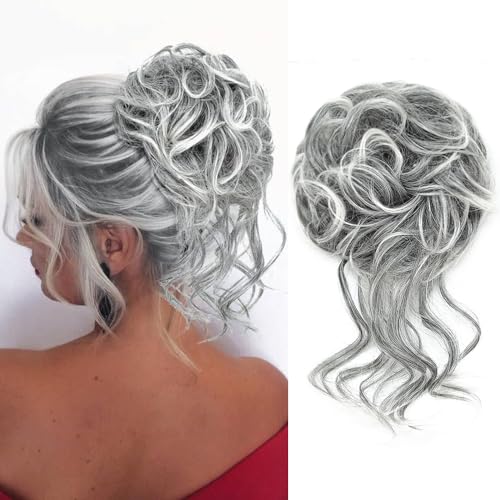 KETHBE Messy Bun Hair Piece Tousled Updo Hair Buns Extension Elastic Hair Band Hair Pieces Curly Hair Bun Scrunchie For Women (Black Mix Silver Gray)