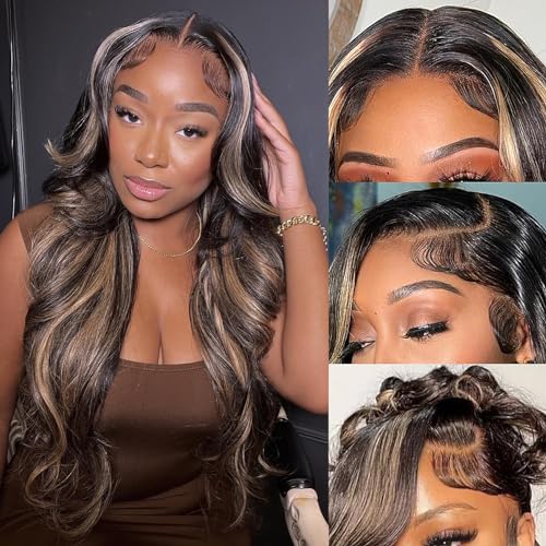 30 Inch 1B/27 13x6 Balayage Highlight Ombre Body Wave Lace Front Wigs Human Hair Honey Blonde Colored Lace Frontal Glueless Wigs Human Hair Pre Plucked for Women with Baby Hair