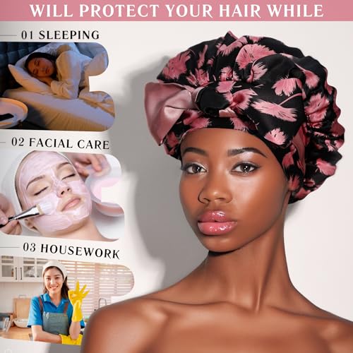 100% Mulberry Silk Bonnet for Sleeping with Ties – Adjustable 19 Momme Double-Layer Reversible Hair Wrap – Stay-On Sleep Bonnet for Women, Long Curly Hair, Natural Hair Care, Real Silk Night Cap – Handmade in USA (Vintage Pink)