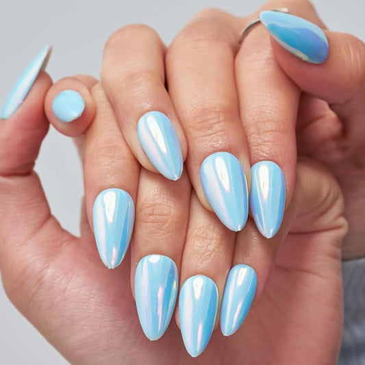 GLAMERMAID Press on Nails Medium Almond Metal Blue, Chrome Pearl Mermaid Handmade Jelly Soft Gel Fake Nails Stiletto, Glossy Glue on Nails Short Oval, Reusable Acrylic Stick on False Nails for Women