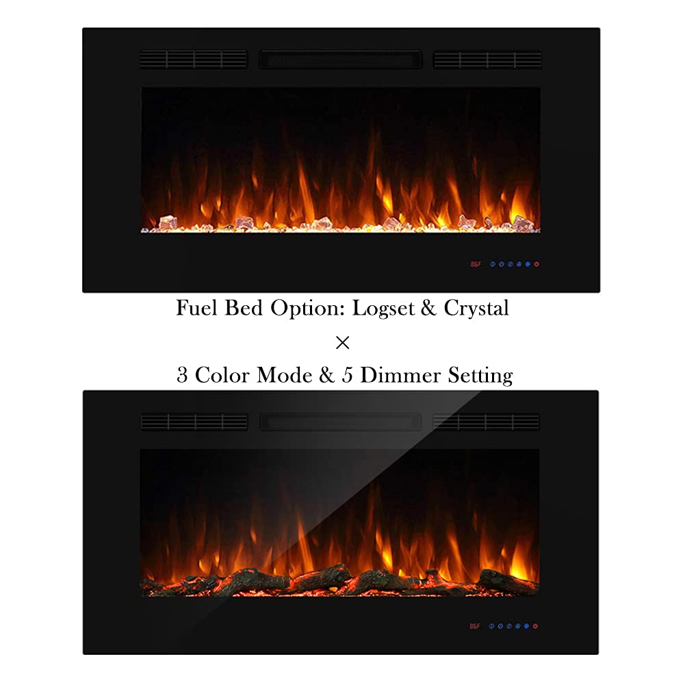 42" WiFi Smart Recessed Electric Fireplace Insert, 5 Flame Settings, Log Set or Crystal Options, Temperature Control by Touch Panel & Remote & App, 750/ 1500W Heater, Compatible with Alexa