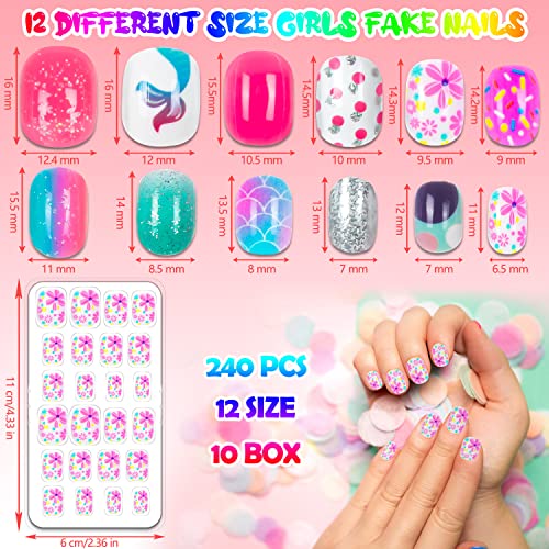 240 Pieces Fake Nails for Kids Girls Artificial Kids Press on Nails Full Cover Short Acrylic Stick On Nails False Nail Tips Kit for Children Little Girls Nail Art Decoration
