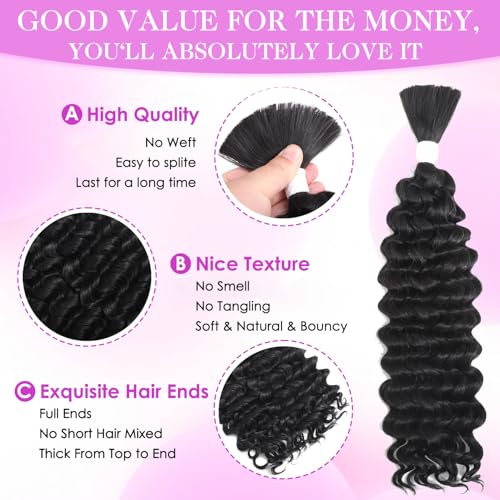 Human Braiding Hair for Boho Braids Mixed Synthetic Hair 2Bundles 160g for Boho Braid Human Hair Deep Wave Bulk Human Hair for Braiding No Weft Hair Extensions for Bohemian Braids 24 inch (1B)