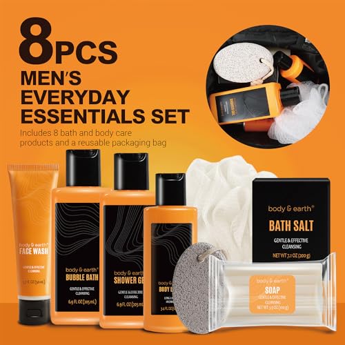 Body & Earth Gift Baskets for Men Bath Set Citrus Scented Bath and Body Gift Set with Body Lotion, Face Wash, Shower Gel, Bubble Bath, Loofah, Birthday Gifts