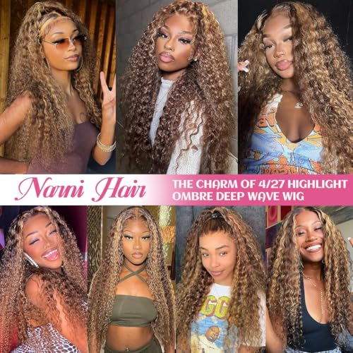30 Inch Ombre Deep Wave Lace Front Wigs Human Hair Pre Plucked Highlight Honey Blonde Deep Curly Wig Human Hair 200% Density 4/27 Colored Glueless HD Lace Frontal Wigs for Women