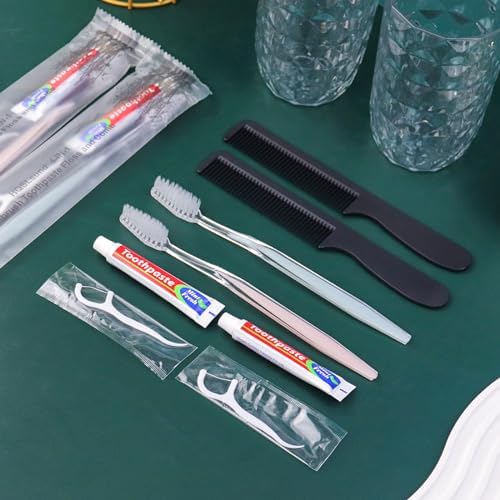 200pcs Disposable Toothbrushes with Toothpaste and Comb Floss Individually Wrapped, 4-in-1 Bulk Toothbrush Kit with 2 Color Toothbrush,10g Toothpaste,7 inch Comb, Floss Pick