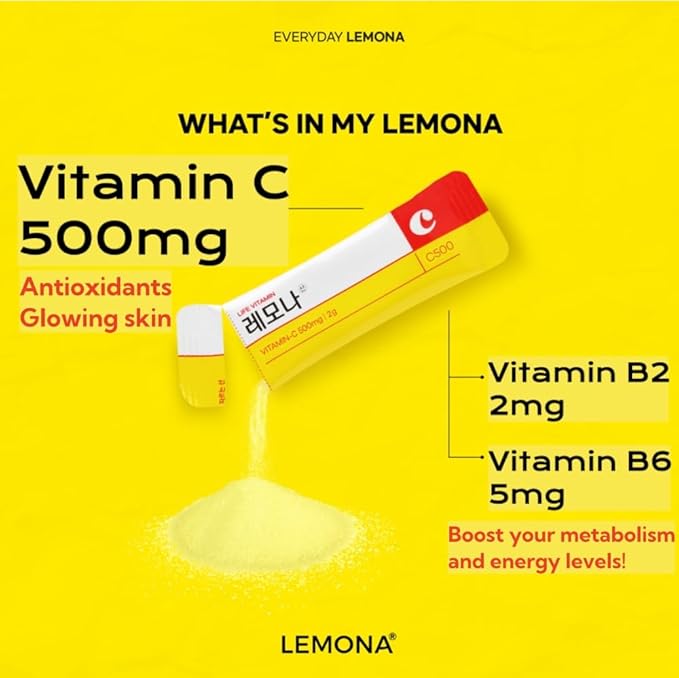 LEMONA Official Vitamin C 500mg, 70 Sticks Immune Support Supplement On-The-Go Vitamin C Individual Packets B6, B2, Easy to Take Daily Energy Boost Korean Food Snack Lemon (70 * 2g)
