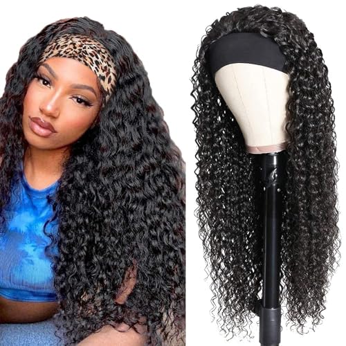 Headband Wig Human Hair Deep Wave 16 Inch Curly Headband Wigs for Black Women Human Hair Glueless None Lace Front Wig Brazilian Virgin Hair Wear and Go Wigs 150% Density Natural Black Color