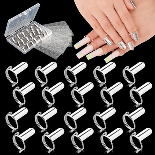 20PCS Wudu Nail Rings, EBANKU Updated Adjustable Nail Rings Detachable Reusable Women Gift Ring Set with 120PCS Adhesive Nail Tabs for Acrylic Nail Art Decoration, Silver