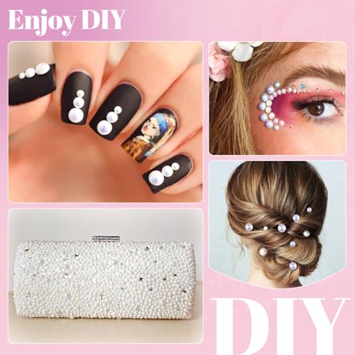11000Pcs Flatback Pearls for Crafting (White AB), Assorted Size 2/3/4/5/6/8/10mm Half Pearl with 3Pcs 10ml B7000 Jewelry Glue, Bedazzling Bead for DIY Crafts Clothing Tumblers Shoes Nail Art
