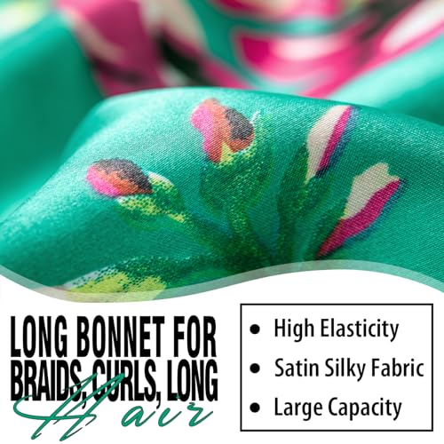 3Pcs Bonnets for Black Women Braid Bonnet, Large Long Satin Bonnet for Braids Sleeping, Black Women Satin Silk Bonnet (3Pcs-Black&Blue&Flower)