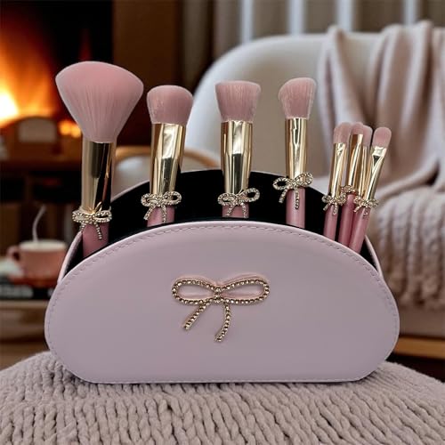 Bow Makeup Brush Set – 9-Piece - Pink bow makeup bag Coquette with Gold Bow & Storage Bag – Beginner Friendly makeup Brushes for Foundation, Contour & More