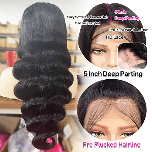 13x5 Body Wave Lace Front Wigs Human Hair Pre Plucked Small Knots with Baby Hair 180 Density 28 inch HD Full Frontal Glueless Human Hair Wigs For Women