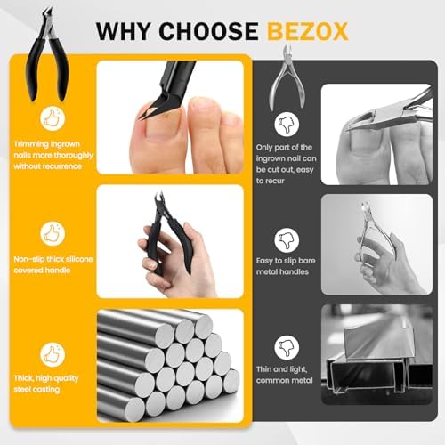 BEZOX Ingrown Toenail Clippers for Seniors, Slant Straight Blade Toe Nail Clippers for Thick and Ingrown Nails, Soft Grip Long Handle Toenail Scissors for Mani & Pedi Nail Care - Black