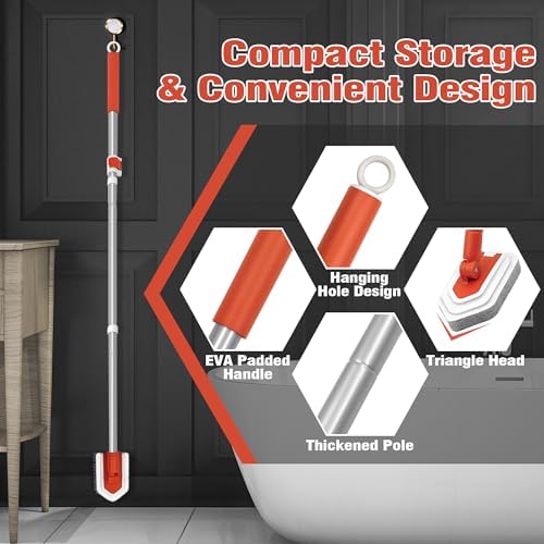 JEHONN Shower Cleaning Brush, Tub Tile Scrubber with Telescopic 51 inches Long Handle, 4 Scrub Heads for Bathroom Bathtub Floor Baseboard Sink Toilet