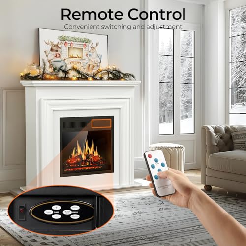 ZAFRO 36" Electric Fireplace Heater with Mantel, 20 inch Electric Fireplace Insert, Freestanding Fireplace with Remote Control, Overheat Protection, Realistic Log & Flame Effect, White