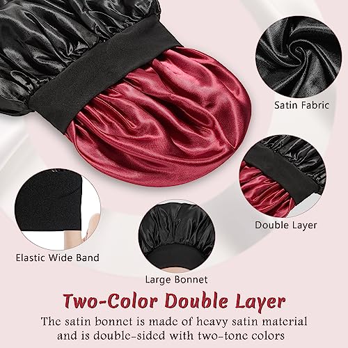 2pcs Double Layer Two-Color Satin Silk Hair Bonnet for Sleeping Women, Reversible Sleep Bonnets for Women, Wide Band Sleep Cap for Curly Hair Braids