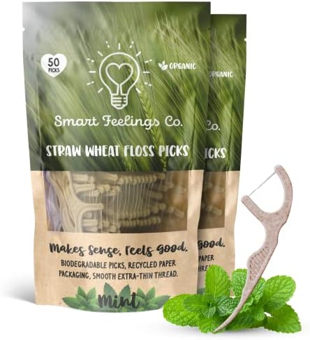 Biodegradable Dental Floss Picks 100 Count 2 Packs | Eco-Friendly Bamboo Like Straw Wheat Sustainable Mint Flavored Flossers for Kids and Adult Teeth Cleaning for The Enviromentally Conscious