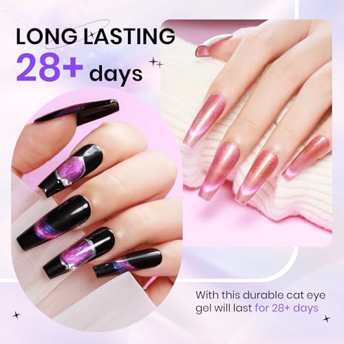 12 Colors Cat Eye Gel Polish with Magnetic Stick, Chameleon Magnetic Gel Polish Kit Trible Colors Effect Galaxy Cateyes Nail Polish Gel Collection Home DIY Manicure for Women Girl