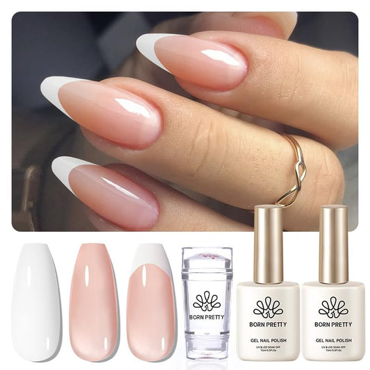 Born Pretty French Manicure Kit,Nail Stamper and 2Pcs Gel Nail Polish,Include Jelly Nude White Colors for French Tip DIY Salon