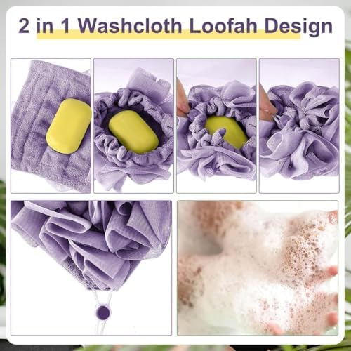 2 in 1 Loofah, 2 in 1 Loofah Sponge Washcloth, Washcloth Loofahs Combo with Drawstring and Hook, Exfoliation Mesh Shower Puff Ball for Body Wash Cleansing and Smooth Skin (3Pcs-A)