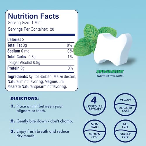 Clear Aligner Mints - Patented, Edible Alternative to Chewies - Freshen Breath and Improve Dry Mouth with Xylitol - Spearmint (3 Pack)
