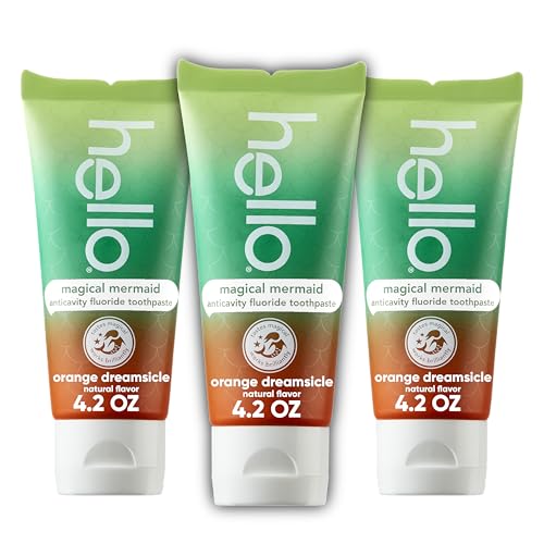 hello Magical Mermaid Kids Toothpaste with Fluoride, Orange Dreamsicle Flavor Toothpaste for Kids, Safe for Ages 2 and Up, Helps Prevent Cavities, Strengthen Enamel, Polish Teeth, 3 Pack, 4.2 Oz Each