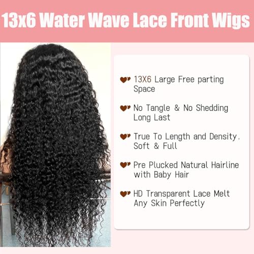200 density 13x6 Water Wave Lace Front Wigs Human Hair Pre Plucked Glueless Wigs Human Hair Water Deep Cury HD Transparent 13x6 Full Lace Frontal Wigs Brazilian Virgin Hair Wigs Natural Black 28inch
