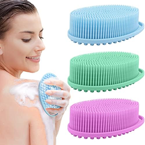 3 Pack Silicone Exfoliating Loofah, Soft Silicone Body Scrubber Fit for Sensitive Skin, Clean and Sanitary Rapid Foaming