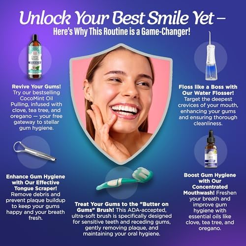 GuruNanda Gums of Steel Kit – Advanced Dental Water Flosser (UV Mode), Concentrated Mouthwash, Cocomint Pulling Oil, Butter on Gums Toothbrush & Tongue Scraper for Happy Gums