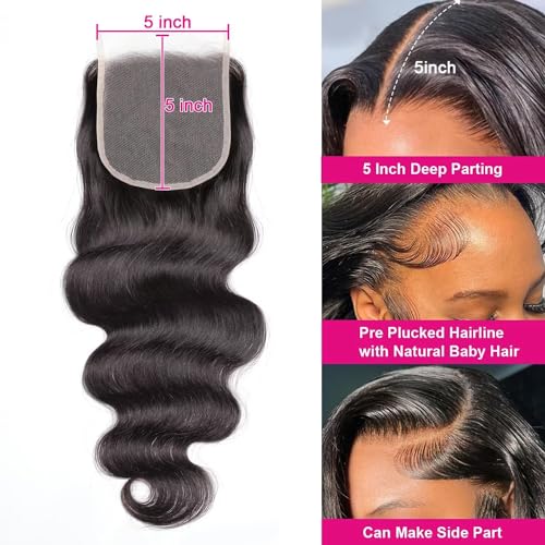 5x5 Transparent HD Lace Closure Body Wave Human Hair Closure Invisible Ultra-thin 5x5 Lace Closure Brazilian Raw Virgin Human Hair Pre Plucked Natural Black 16 Inch