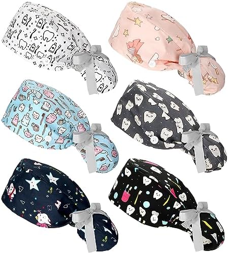 Honoson 6 Pcs Dental Scrub Caps Women Dentist Nursing Hats Adjustable Bouffant Nurse Hats Ponytail Turban Caps