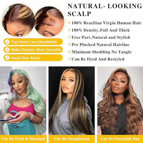 Highlight Ombre 13x6 Lace Front Wig Human Hair 28 Inch Body Wave Honey Blonde Glueless HD Transparent Lace Frontal Wigs for Women 180 Density Human Hair Pre Plucked with Baby Hair