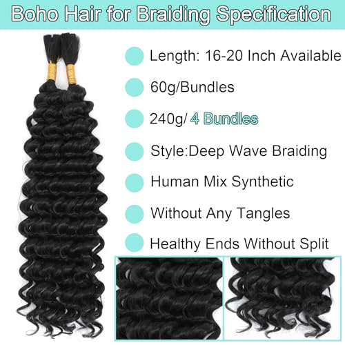 Human Braiding Hair Mix Synthetic Curly Boho Hair for Braiding, 20 Inch Boho Braids 4 Bundles 110g/Bundle Wet and Wavy Deep Wave Bulk Extensions for Black Women (1B, 20 Inch 4 Bundles)