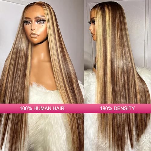 30 Inch Honey Blonde 13x6 Hd Lace Frontal Wig Human Hair 200% Density 13x6 Straight Ombre Lace Front Wigs Human Hair Highlight Honey Blonde Wig Pre Plucked with Baby Hair for Women