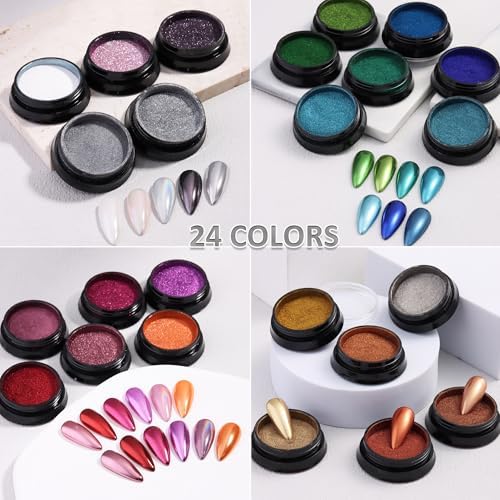 24 Colors Chrome Nail Powder Kit Mirror Effect Gold Silver Red Green Black Metallic Chrome Powder for Nails with Silicone Pen Applicator Brush Extra Fine Glitter Powder Manicure Supplies