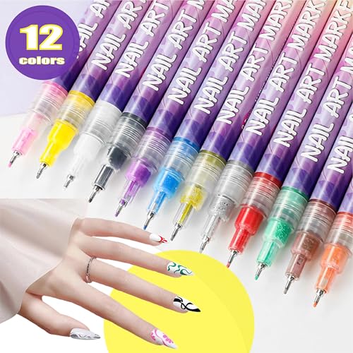 12 Colors Nail Art Pens Set 3D Nail Polish Pens Graffiti Dotting Pen Acrylic Paint Pens Point Liner Pen Drawing Painting for Nails Art Design Manicure Nail DIY Decoration