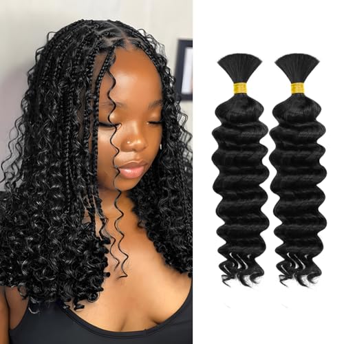 Human Braiding Hair for Boho Knotless Braids 2 Bundles 14 Inches 80g Deep Wave 10A Brazilian Virgin Human Bohemian Hair for Braiding Natural Black 1B