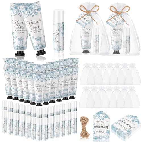 48 Sets 192 Pcs Blue Flower Baby Bridal Shower Hand Cream and Lip Balm Baby Shower Gifts for Guests Bridal Wedding Party Favor Bulk with Thank You Card Organza Bags Travel Size for Wedding