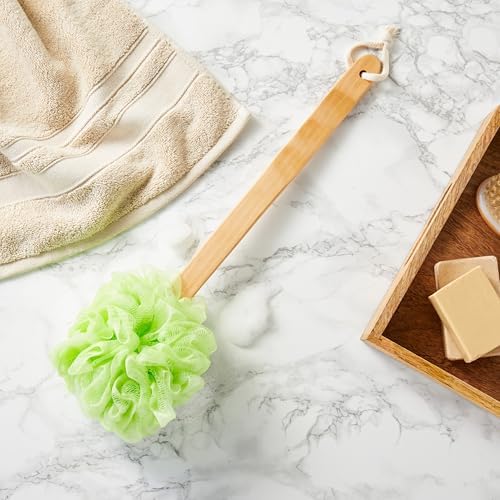 4 Pack Back Scrubber for Shower with Long Handle, Loofah on a Stick for Exfoliating, 4 Assorted Colors, 16 in - Body Scrubber - Loofah with Handle