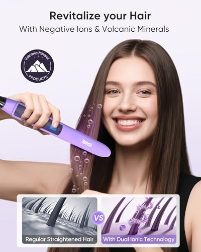 1" Ceramic Flat Iron With Vibrating Plates, Dual Voltage Travel Hair Straightener for Women - Ionic & Volcanic Mineral Technology to Lock in Moisture, Straightener and Curler, 10 Heat Settings