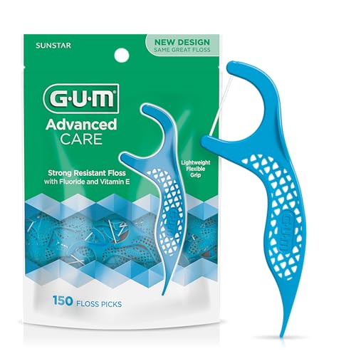 GUM Advanced Care Floss Picks - Dental Flossers for Adults with Vitamin E and Fluoride - Extra Strong Shred-Resistant Dental Floss, Easy Grip Handle, Fresh Mint Flavor, 150 Count
