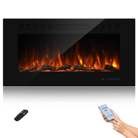 42" WiFi Smart Recessed Electric Fireplace Insert, 5 Flame Settings, Log Set or Crystal Options, Temperature Control by Touch Panel & Remote & App, 750/ 1500W Heater, Compatible with Alexa