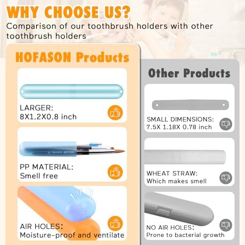 HOFASON 48PCS Large Travel Toothbrush Case Holder, Toothbrush Holders Bulk, Kids Classroom Plastic Pencil Case 8x1.2x0.8 inches, Portable Toothpaste Case Cover Protector for Travel Use (6 Colors)