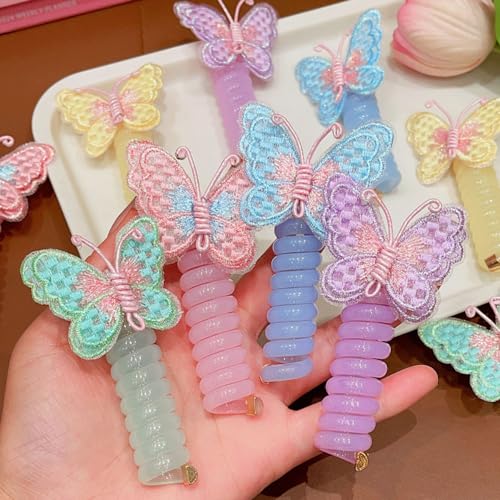 10Pcs Embroidered Butterfly Headband Spiral Hair Ties No Damage,Colorful Butterfly Telephone Wire Hair Bands for Kid Cute Butterfly Ponytail Holders Headbands Telephone Cord Hair Ties Hair Accessories